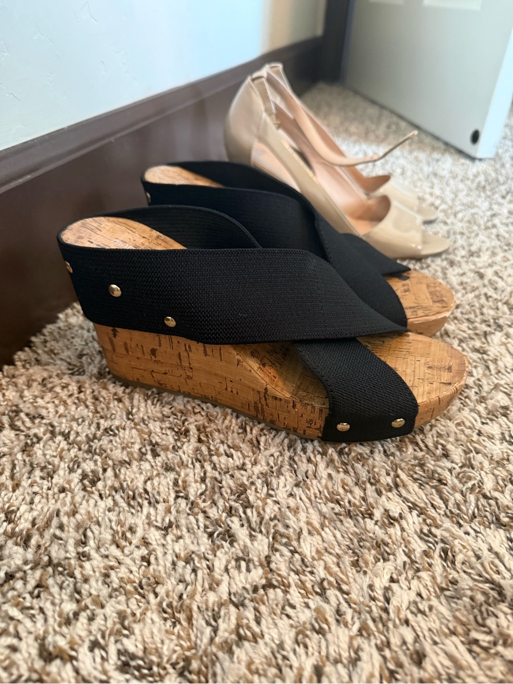 Montego Bay Club Black Cork Wedge Sandals with Crisscross Straps
